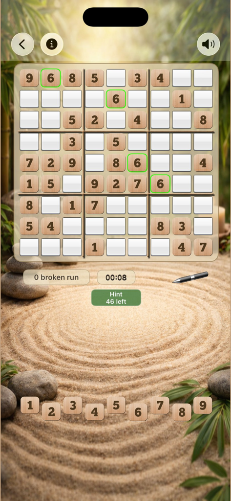 Sudoku Zen - Number Puzzle - Jugabilidad de Sudoku Zen mostrando fichas de números de madera sobre un fondo de arena zen.