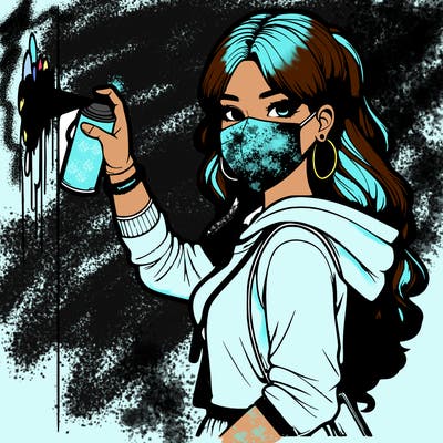realistic girl with mask spray painting a wall