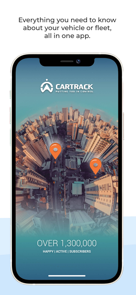 Cartrack GPS, Vehicle & Fleet - Cartrack-App-Startbildschirm mit Fahrzeugstandorten auf einer Stadtkarte