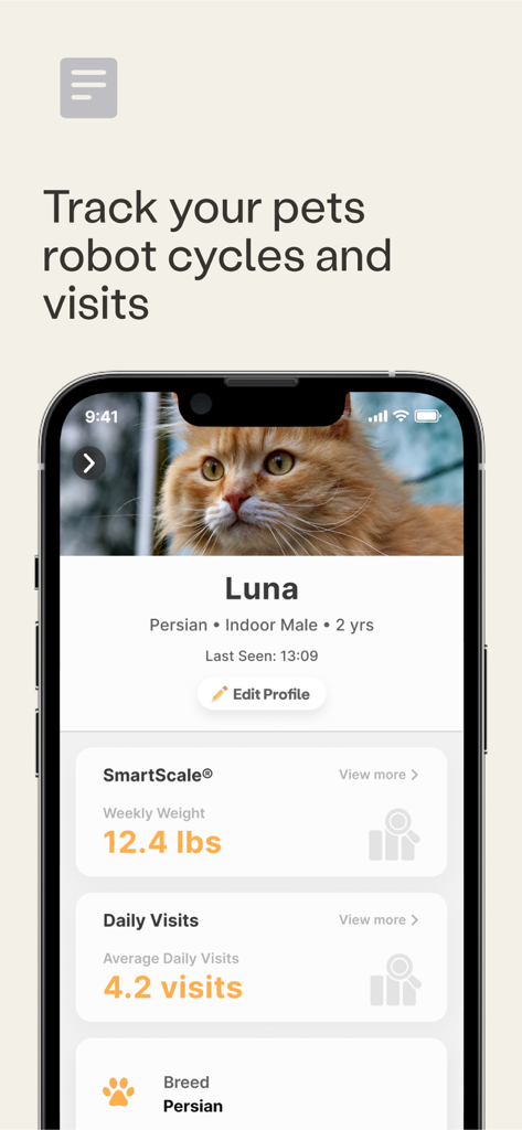 Interfaccia dell'app Whisker che mostra il profilo dell'animale domestico con dati sul peso e sul monitoraggio dell'attività per un gatto