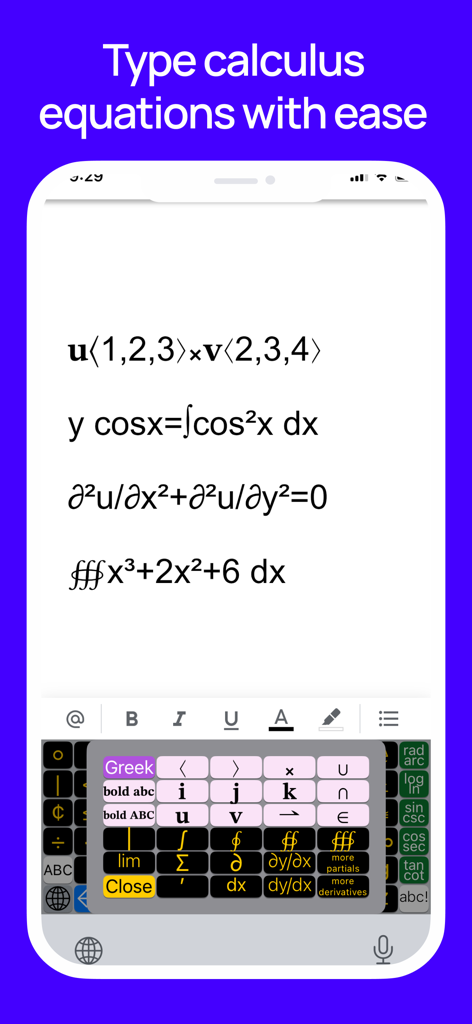 ArithmeType app screen displaying a calculus keyboard and mathematical equations