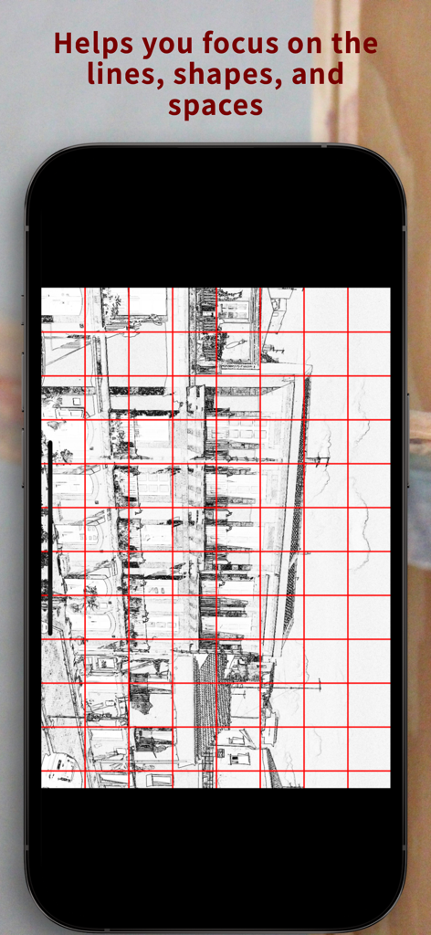 Architectural sketch with a red grid overlay for drawing accuracy
