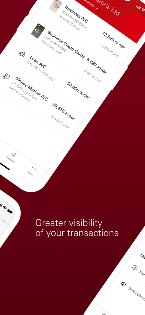HSBC UK Business Banking - Pantalla de la aplicación móvil que muestra saldos de cuentas empresariales, tarjetas de crédito y préstamos con un mensaje sobre la visibilidad de las transacciones