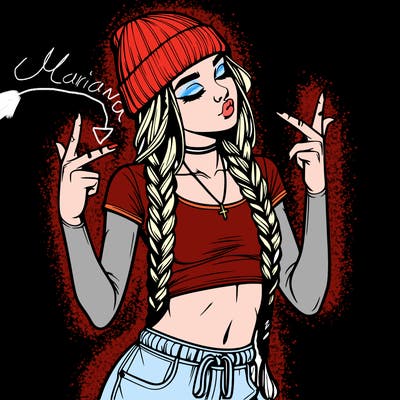 realistic teenage girl with braids and a beanie and crop top doing 🫶🏼