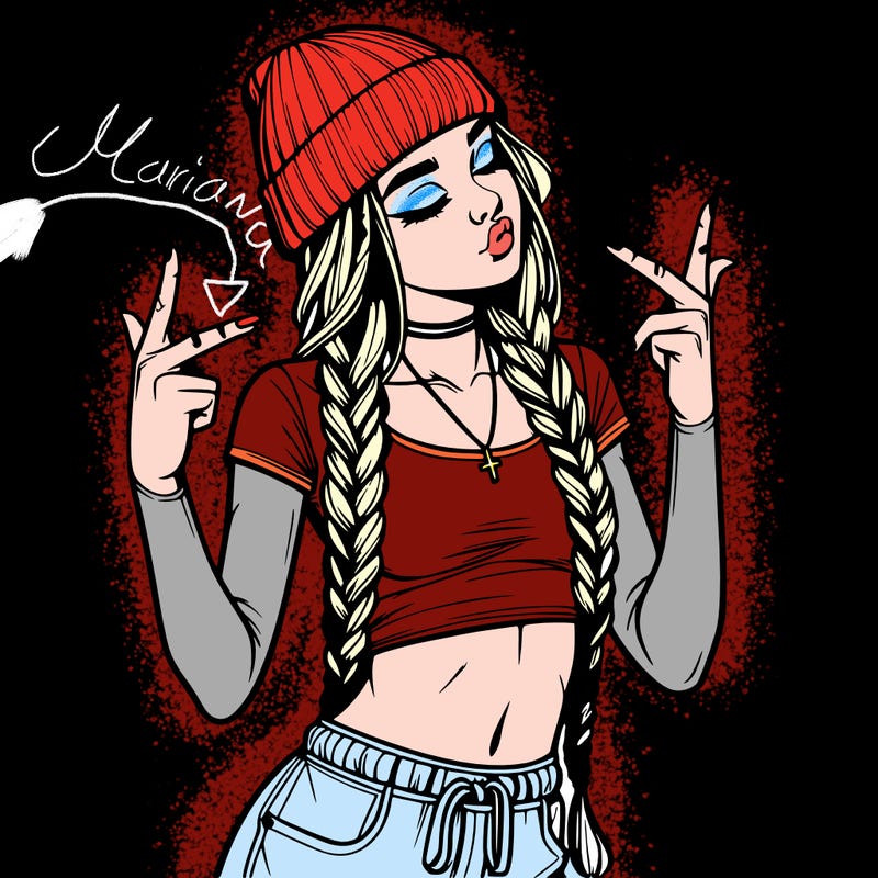realistic teenage girl with braids and a beanie and crop top doing 🫶🏼