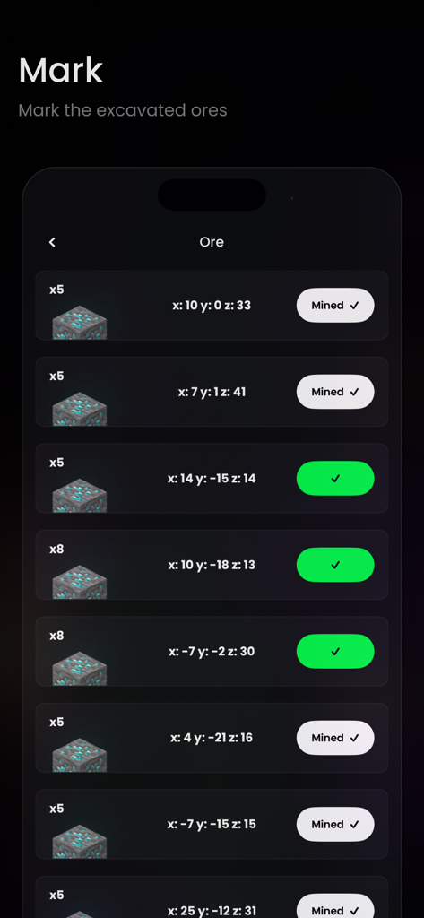Finder Diamond Ore for MC - Eine mobile App-Oberfläche mit einer Liste von Diamanterz-Standorten in Minecraft mit Koordinaten und Markierungen für den abgebauten Status