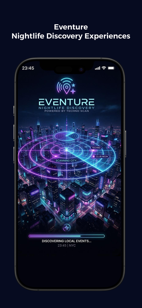 Pulse Planet - Pantalla de carga de la aplicación Pulse Planet mostrando un radar de ciudad futurista escaneando eventos de vida nocturna locales