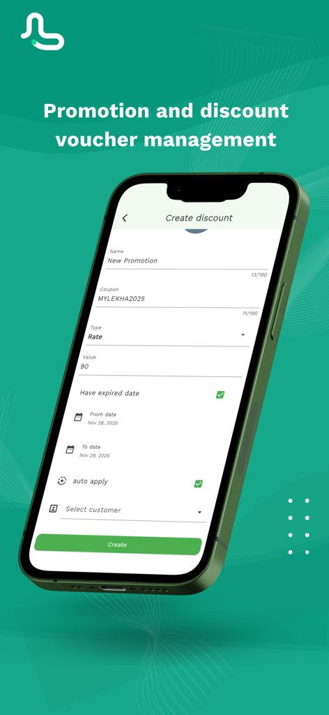 Interfaz de la aplicación móvil para crear promociones y gestionar vales de descuento en MyLekha POS.