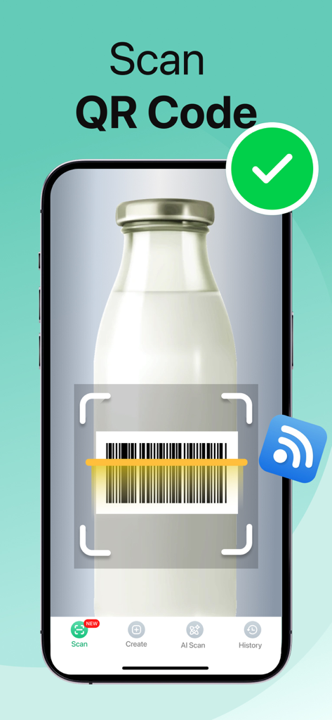 QR Code Master：Barcode Scanner - Mobile app interface scanning a barcode on a bottle with a successful scan indicator