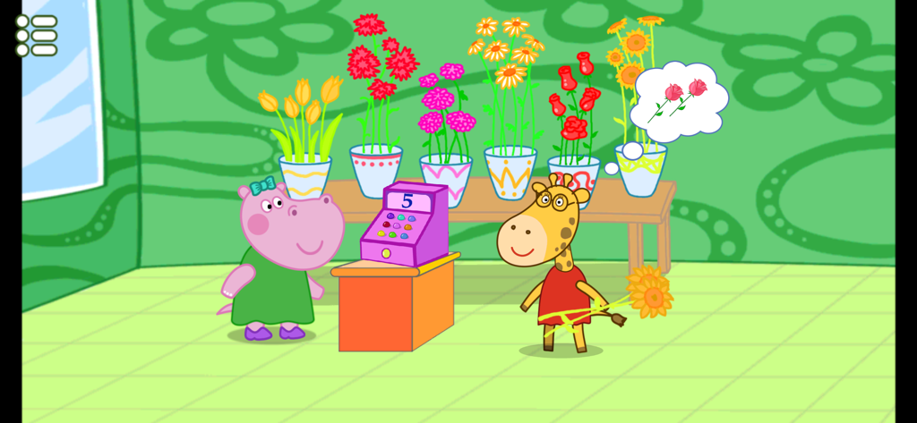 Wedding party planner game new - Personajes de hipopótamo y jirafa en una colorida floristería comprando un ramo de boda