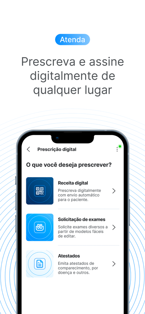 Amigo One - Mobile screen of the Amigo One app showing options for digital prescriptions, exam requests, and medical certificates.