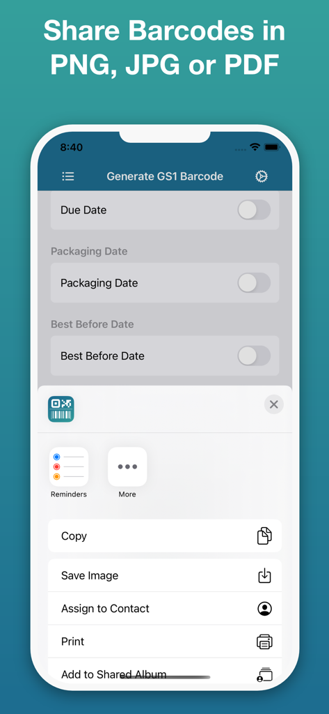 Smart GS1 Barcode Generator app showing the iPhone sharing menu with options to copy save or print barcodes.