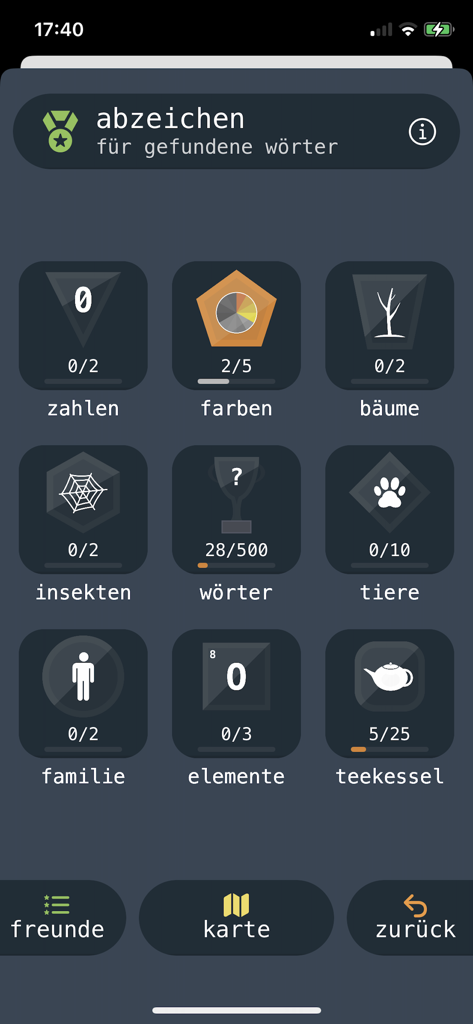 swop - ein wortspiel - A menu of collectible badges and word categories in the swop word game app showing player progress.