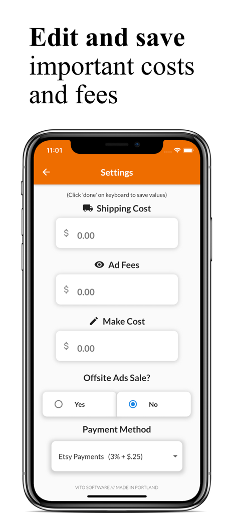 E-Profit Calculator - E-Profit Calculator settings screen to edit and save shipping costs ad fees and production expenses