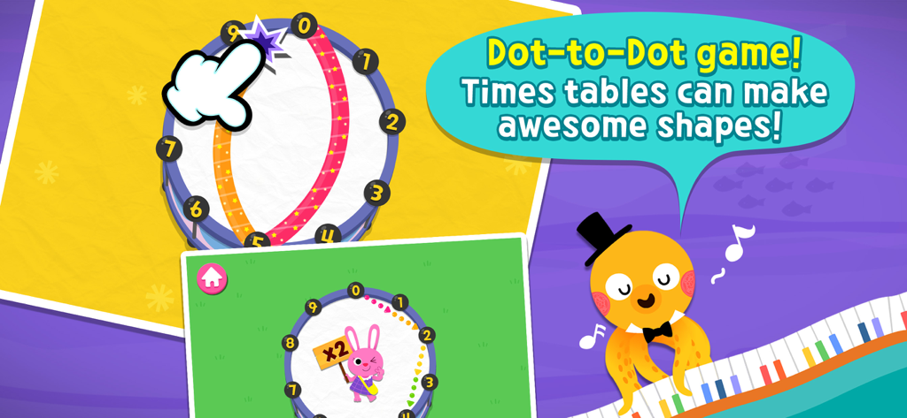 Pinkfong Fun Times Tables - Écran du jeu de point à relier de multiplication Pinkfong Fun Times Tables montrant des motifs de multiplication et des personnages animés
