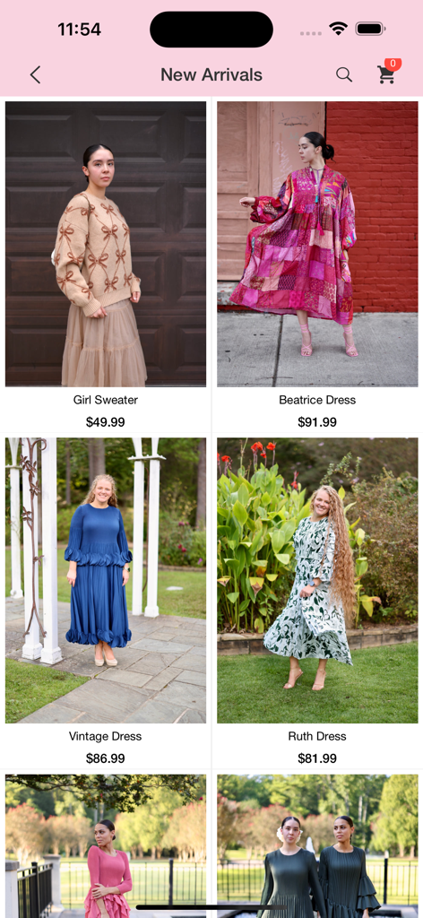 Oh So Modest - A display of modest dresses and sweaters on the Oh So Modest mobile shopping app.