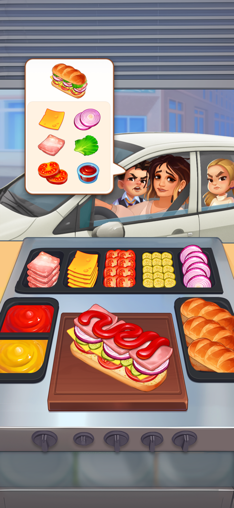 Un cliente en el servicio de auto pidiendo un sándwich personalizado en el juego móvil Royal Cooking