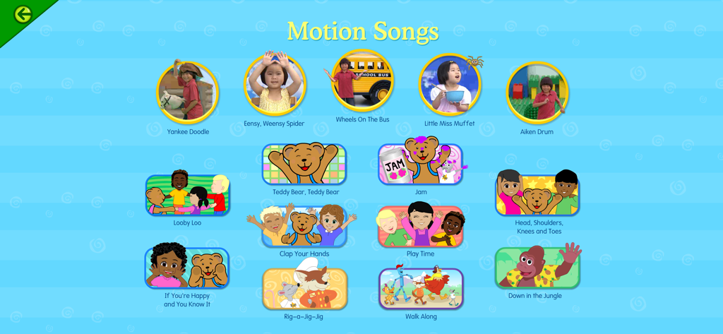 Interface of the Starfall app showing a selection of interactive motion songs for children including Wheels on the Bus and Yankee Doodle