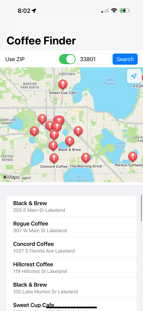 Coffee Finder app showing a map of local cafes and a list of coffee shop locations