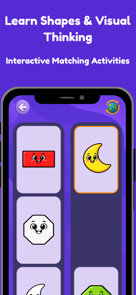 MiaLoo: Toddler Learning Games - Actividad interactiva de emparejamiento de formas para niños pequeños en la aplicación de aprendizaje MiaLoo, mostrando un rectángulo rojo, un octágono blanco y una luna creciente amarilla con caras simpáticas.