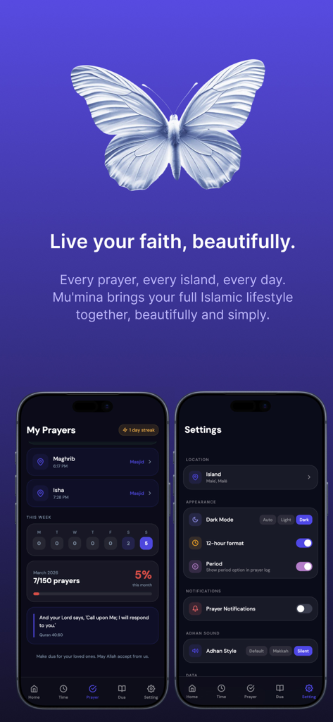 Mu'mina - Mu'mina Islamic lifestyle app promotional image showing prayer tracking and settings screens with a minimalist aesthetic