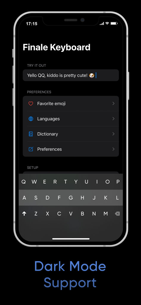Finale Keyboard - Finale Keyboard app interface showing dark mode support and minimalist settings menu on an iPhone