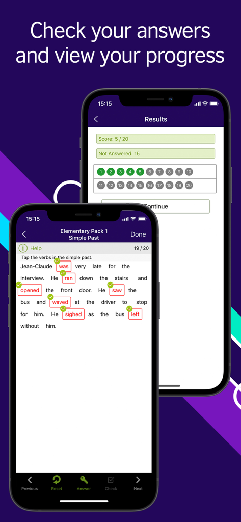 Pantallas de la aplicación LearnEnglish Grammar que muestran resultados de pruebas y un ejercicio de verbo en pasado simple