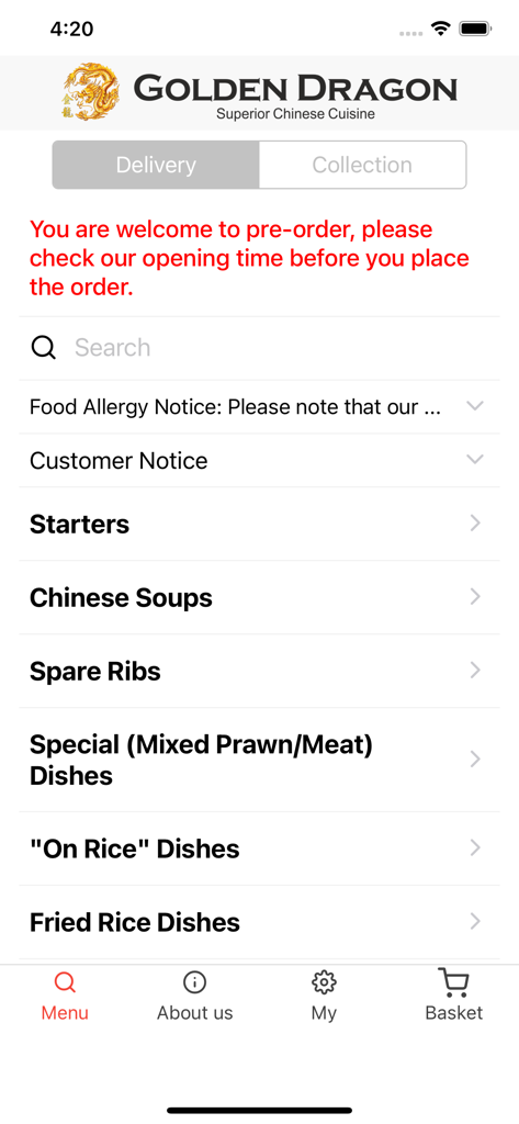 Golden Dragon Truro - Menú de la aplicación Golden Dragon Truro que muestra varias categorías de comida china