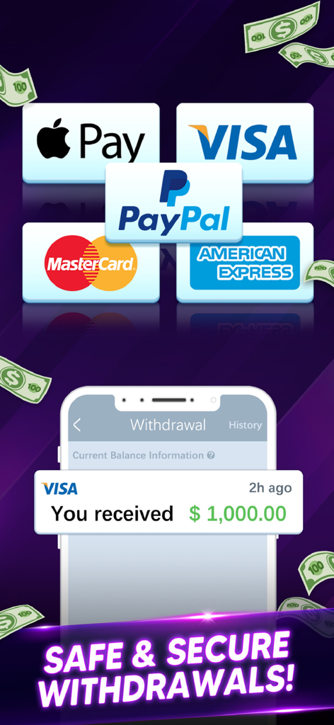 Pantalla de la aplicación Pool Clash que muestra métodos de pago como Apple Pay y PayPal con una confirmación de retiro seguro.