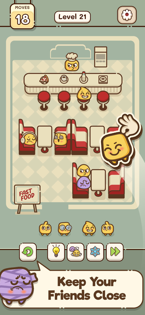 Una pantalla de nivel de puzle de lógica del juego ¿Dónde está mi asiento? con personajes lindos en un escenario de restaurante