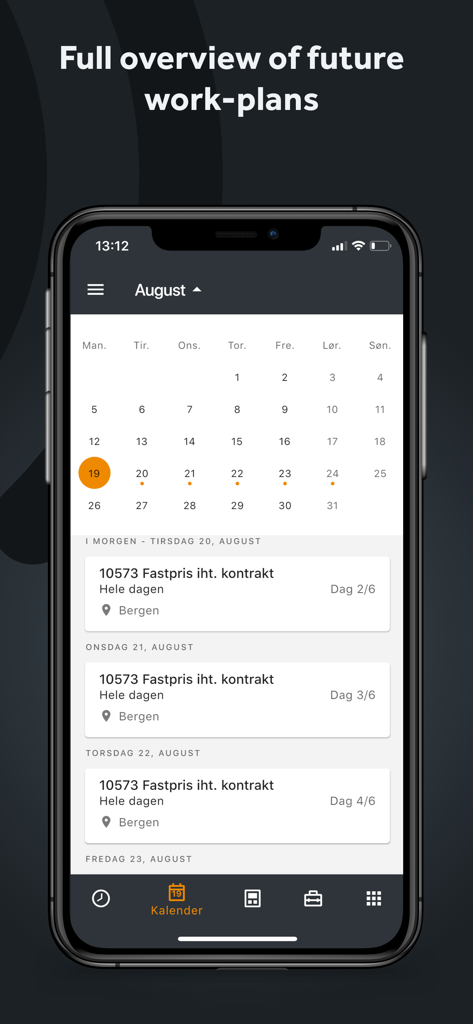 Mobile Worker app showing a calendar with a list of scheduled construction tasks and work plans
