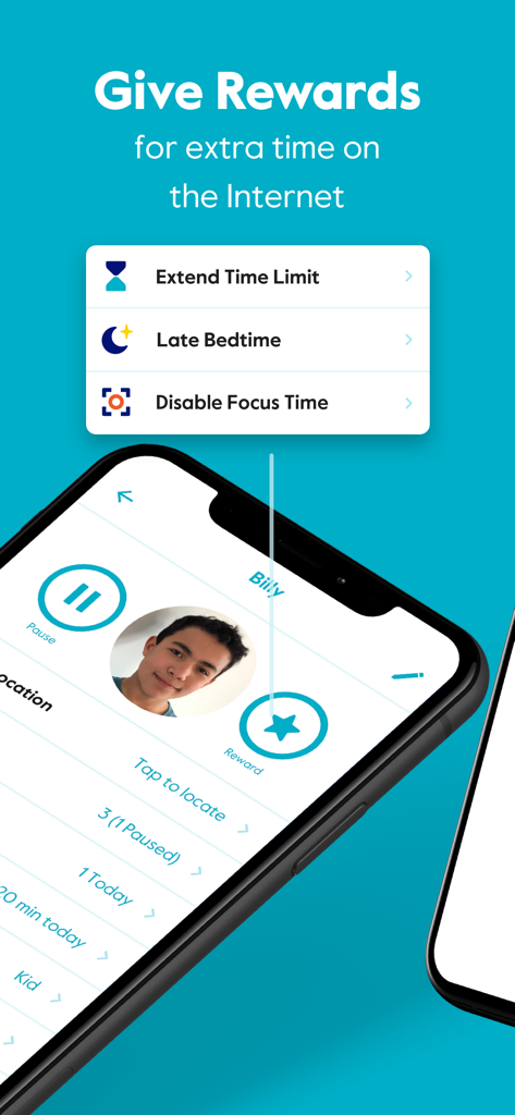 スマートフォン画面。時間制限の延長や就寝時間の遅延設定オプションを備えたCircleアプリの報酬機能が表示されています。