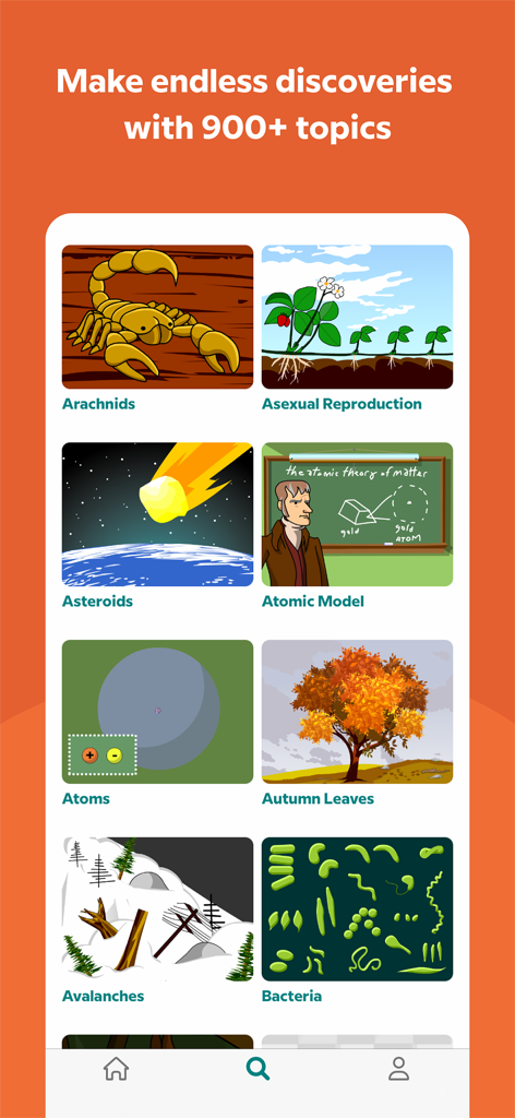 BrainPOP app screen showing a grid of educational science topics like Arachnids, Asteroids, and Bacteria under the header Make endless discoveries with 900 plus topics