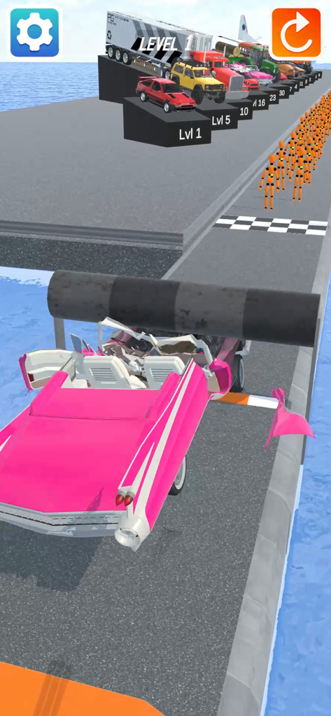 Crash Master 3D - A pink classic car being crushed by a heavy roller in Crash Master 3D