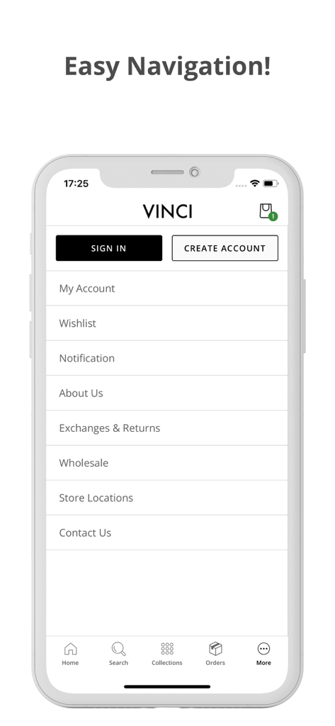 Vinci Leather - Smartphone screenshot showing the Vinci Leather app navigation menu with options for account, wishlist, and store locations