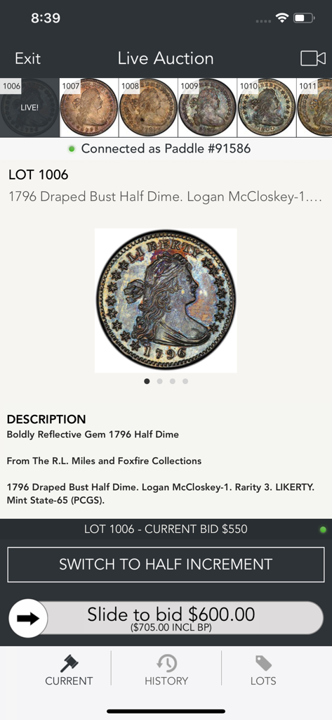 Stack's Bowers Galleries - Live auction interface on the Stacks Bowers Galleries app showing a rare 1796 half dime with current bid and slide to bid controls
