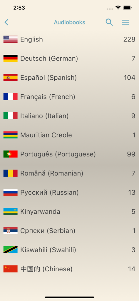 EGW Writings 2 - Lista de idiomas de audiolivros disponíveis no aplicativo EGW Writings 2 com contagem de livros para cada um.