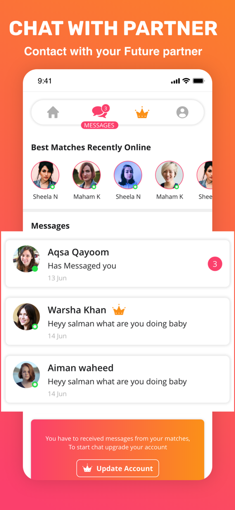 Messaging screen of the Nikkah matrimonial app displaying recent matches and chat list