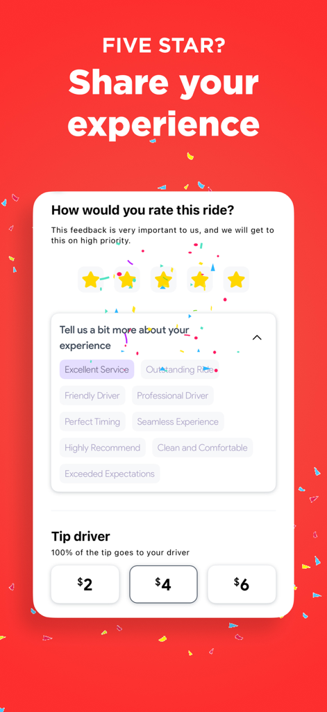 Interface of the Uride app showing a five star rating system, feedback tags like Excellent Service, and driver tipping options.