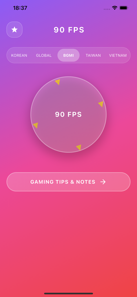 90 FPS + 120 FPS - Interface of the 90 FPS gaming notes app showing regional settings and gaming tips button