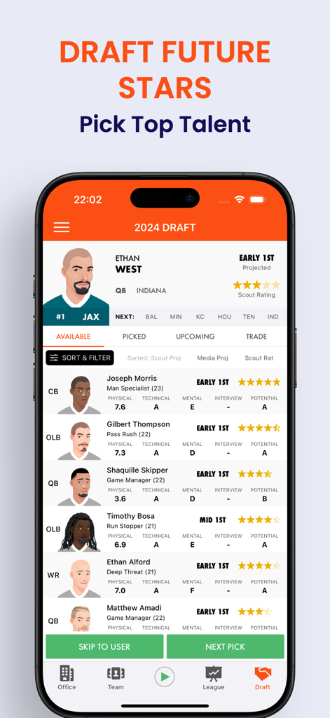 Pocket GM 3: Football Sim - A mobile app screen showing a list of available players for the 2024 draft in Pocket GM 3 Football Sim