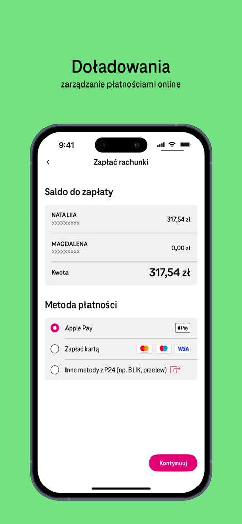 Mój T-Mobile app bill payment interface showing balance due and payment options like Apple Pay