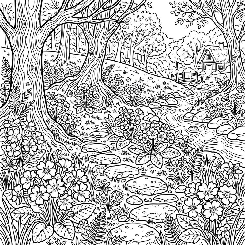 Immerse yourself in the delicate charm of a spring woodland with this intricate primrose coloring page. Featuring a breathtaking full scene landscape, it's an invitation to bring nature's beauty to life with your colors.