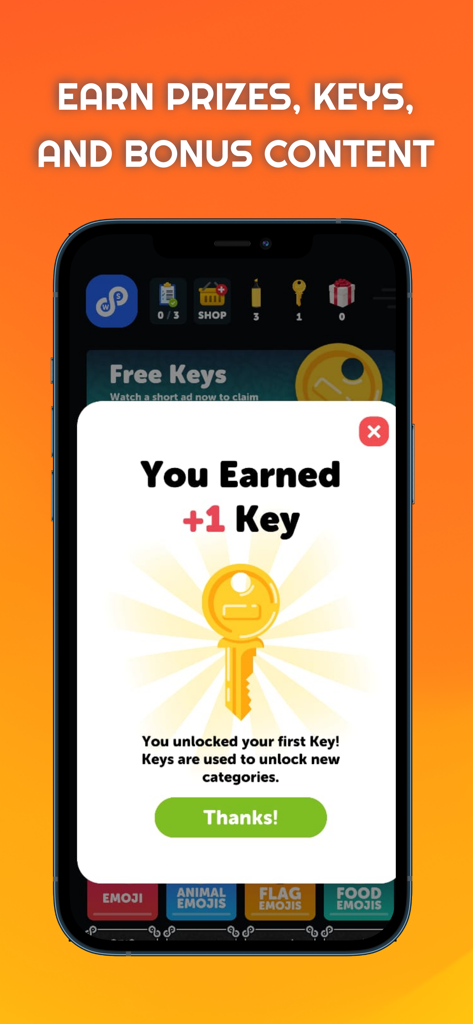A mobile screen showing a reward pop up for earning a key in the Infinite Word Search Puzzles app.