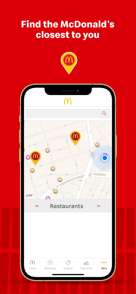 McDonald's Offers and Delivery - A smartphone screen showing the McDonalds app restaurant locator map with several locations pinned near the user