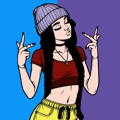 realistic teenage girl with braids and a beanie and crop top doing 🫶🏼