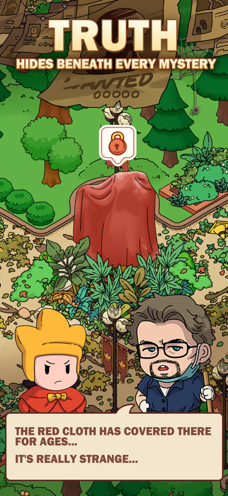Personajes de dibujos animados en un bosque investigando un objeto misterioso cubierto por una tela roja con un icono de candado.