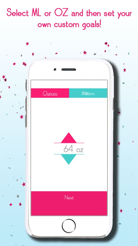 Screen to select measurement units and set a daily water intake goal