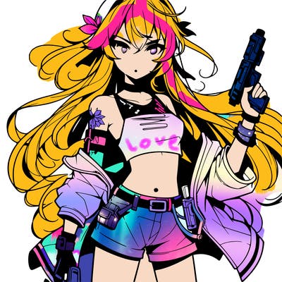 bad girl wearing crop top holding a gun long hair anime