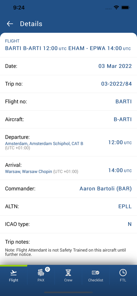 Leon - Screenshot of Leon app flight details showing route departure arrival and commander information